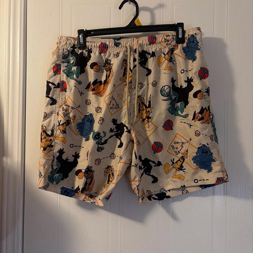 Space Jam Swim Trunks Mens Medium White Multicolor Basketball Print Bugs Bunny